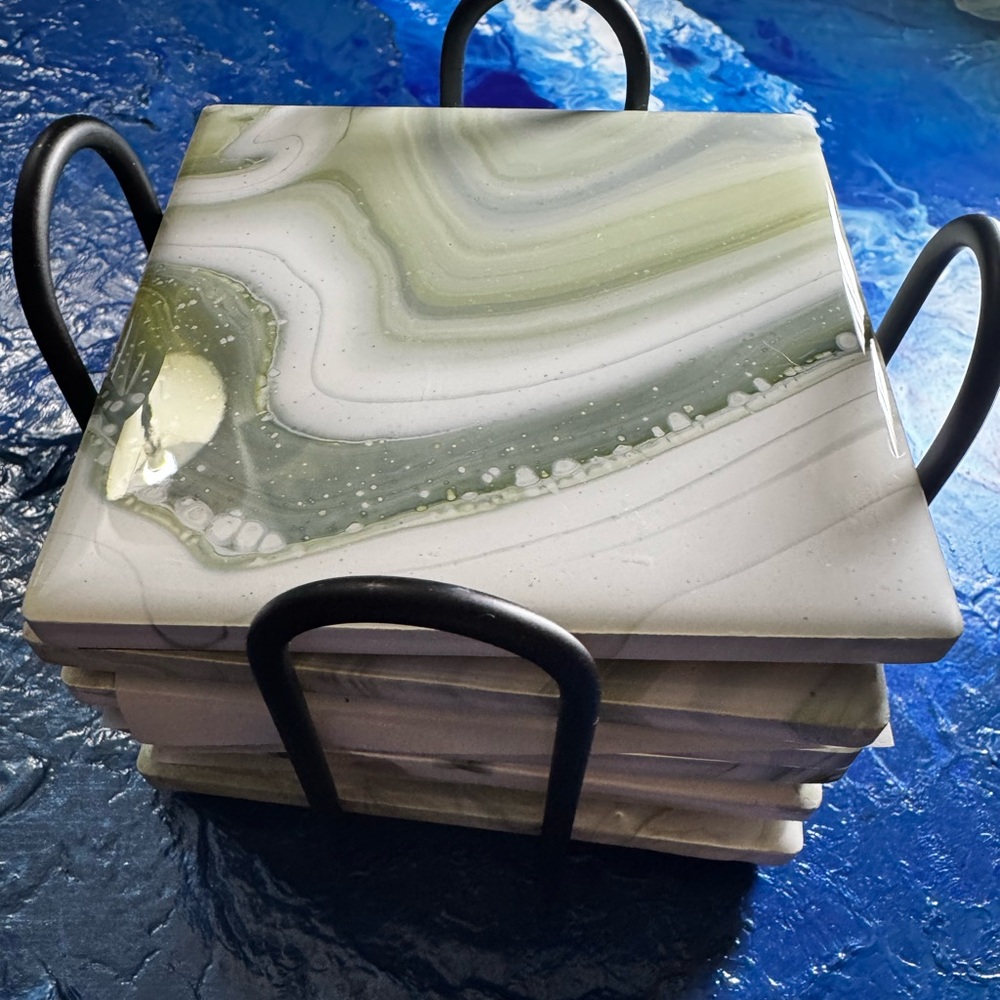 (6)COASTERS- Greens/Cream Acrylic Marble design with Holder. EASTER GIFT